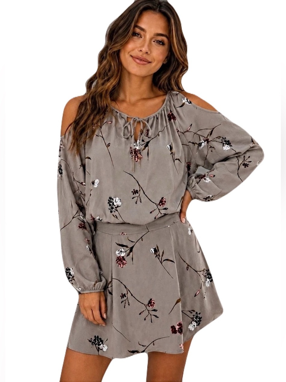 Dynamite Taupe Cold-Shoulder Floral Mini Dress